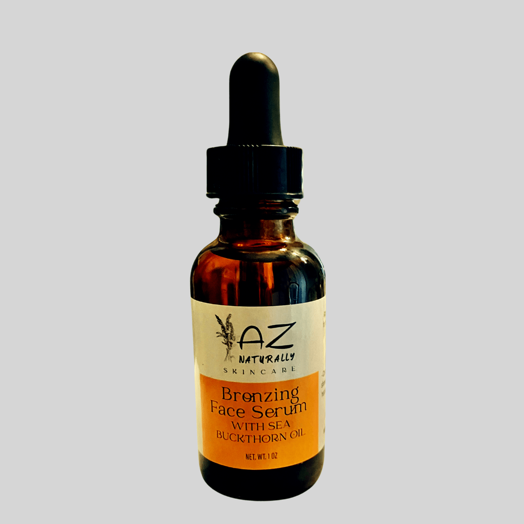 Amber dropper bottle of 'Bronzing Face Serum with Sea Buckthorn Oil' on a light gray background 