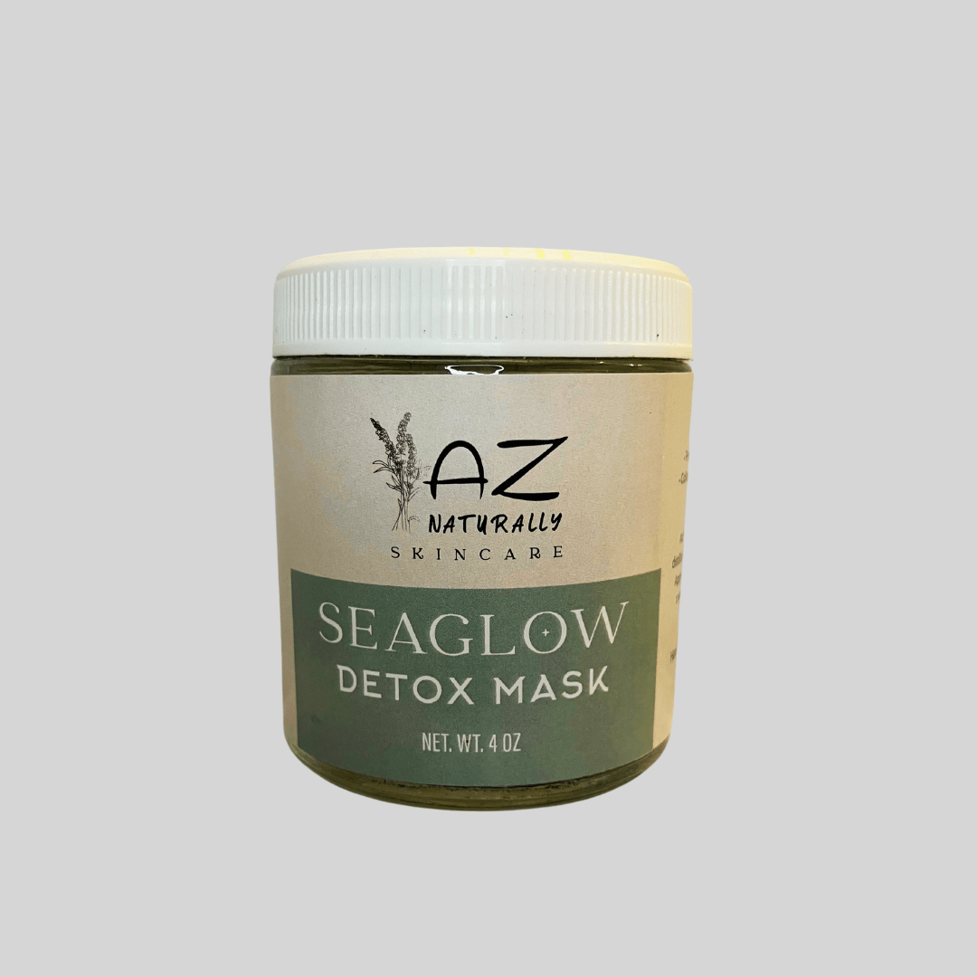 Jar of 'SeaGlow Detox Mask' on a light gray background 